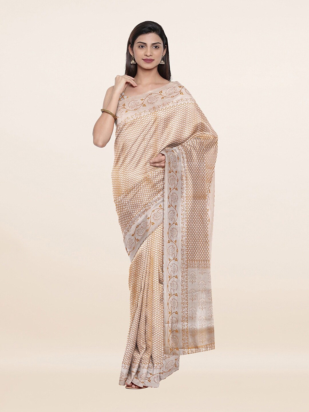 

Pothys Mustard Yellow & Silver Ethnic Motifs Zari Art Silk Saree