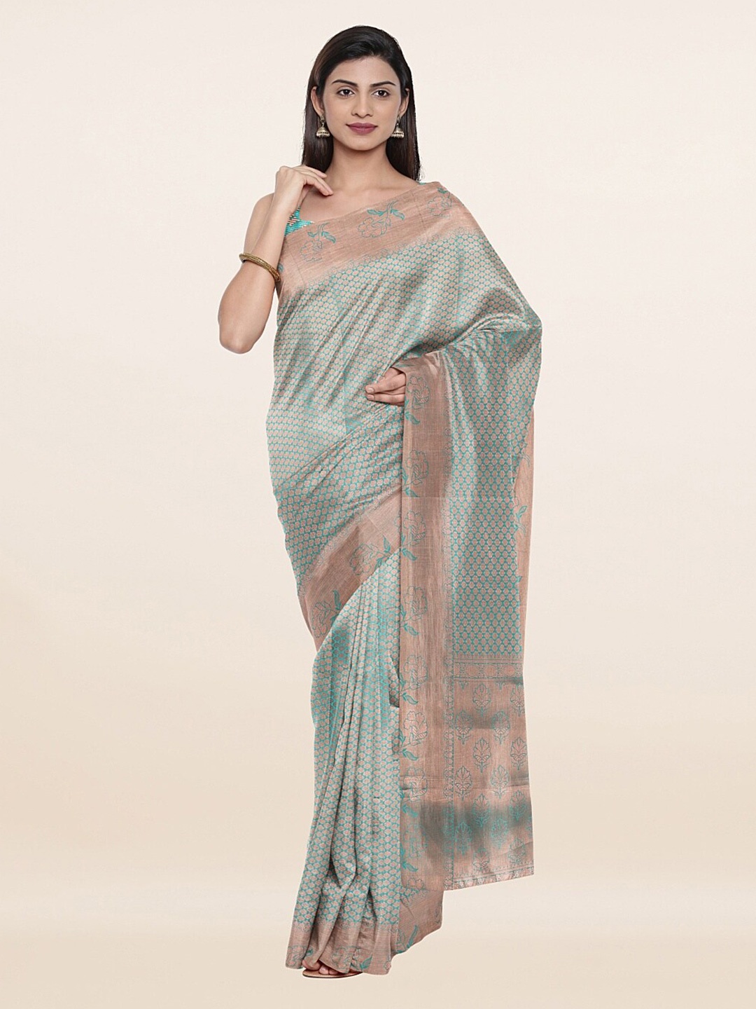

Pothys Green & Copper-Toned Floral Zari Art Silk Saree