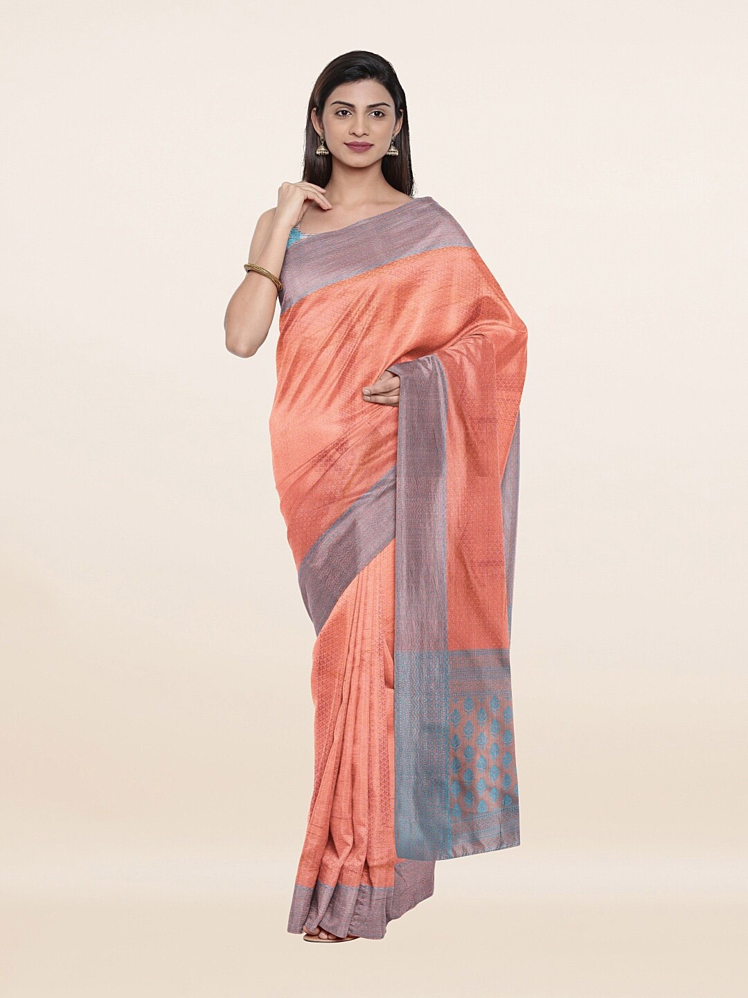 

Pothys Peach-Coloured & Blue Woven Design Zari Art Dupion Silk Saree