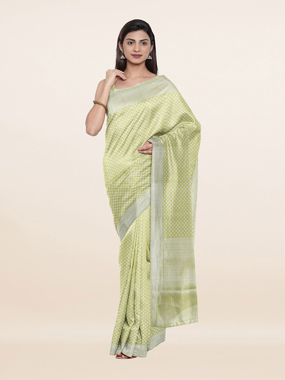 

Pothys Green & Silver-Toned Floral Woven Design Zari Art Silk Saree