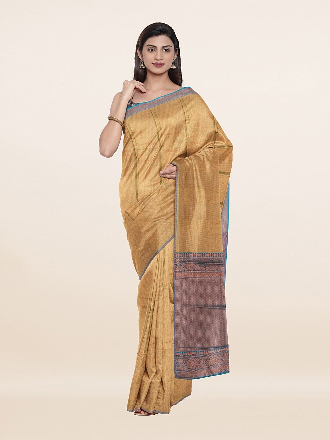 

Pothys Green & Copper-Toned Zari Art Dupion Silk Saree