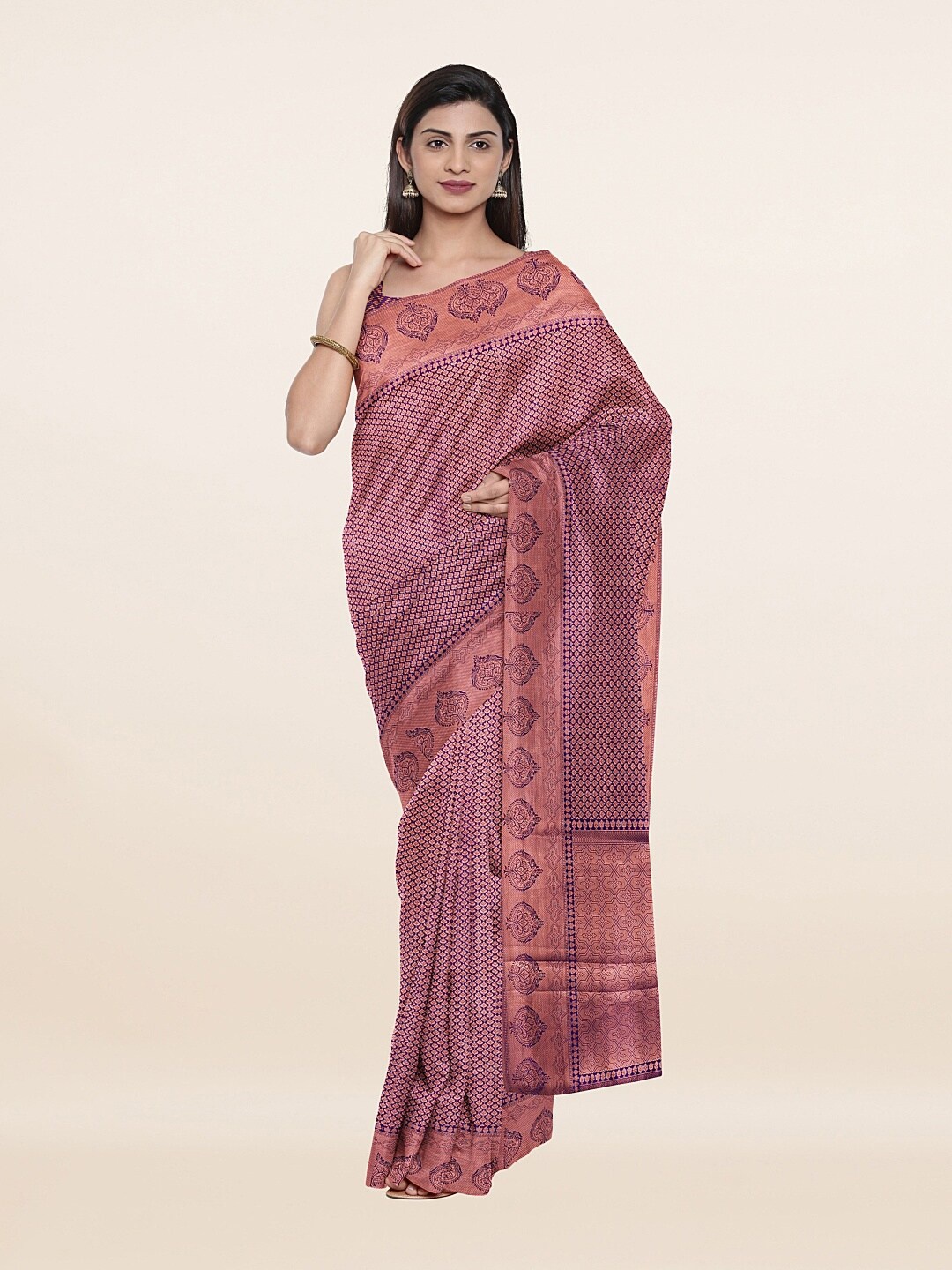 

Pothys Violet & Copper-Toned Floral Zari Art Silk Saree