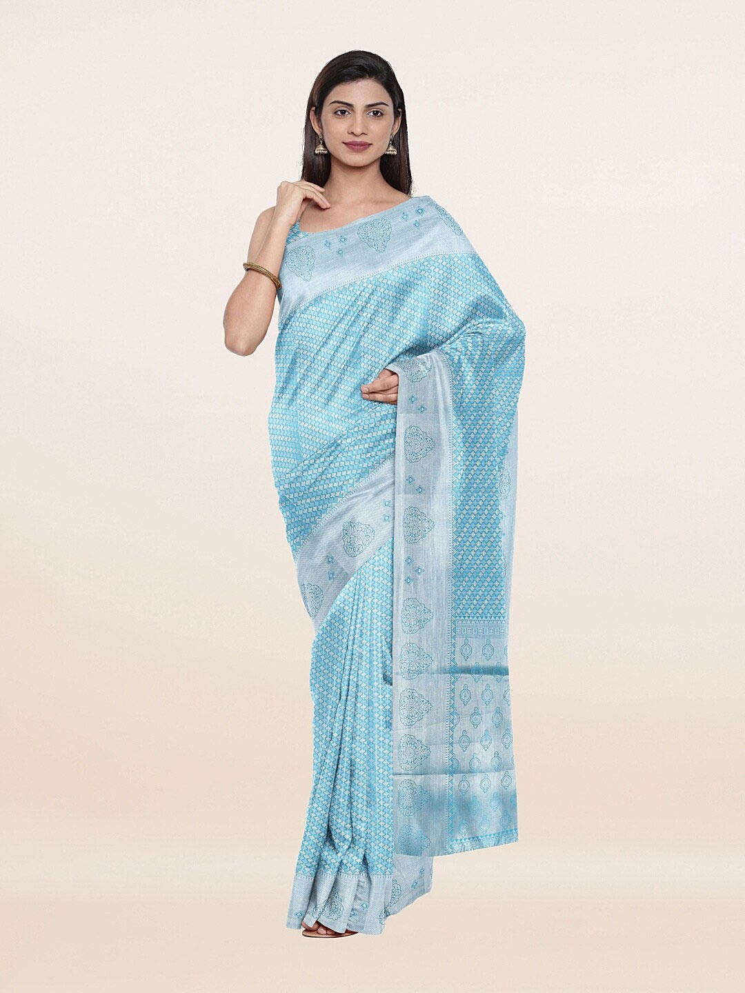 

Pothys Blue & Silver-Toned Floral Zari Art Silk Saree