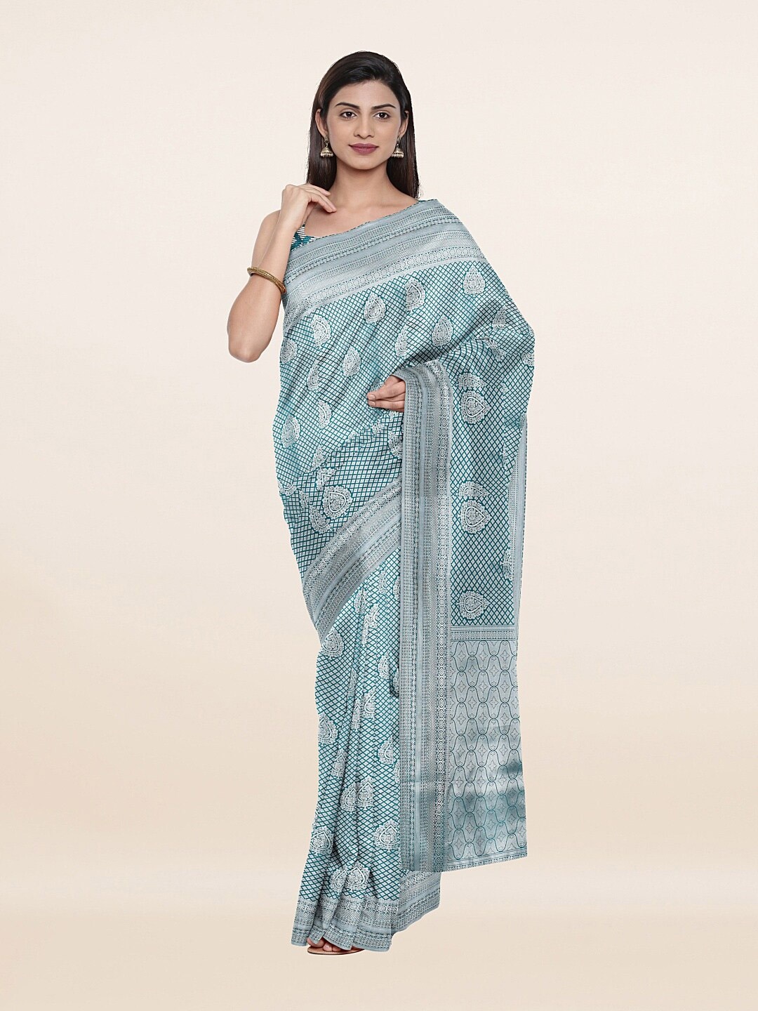 

Pothys Sea Green & Silver-Toned Floral Woven Design Zari Art Silk Saree
