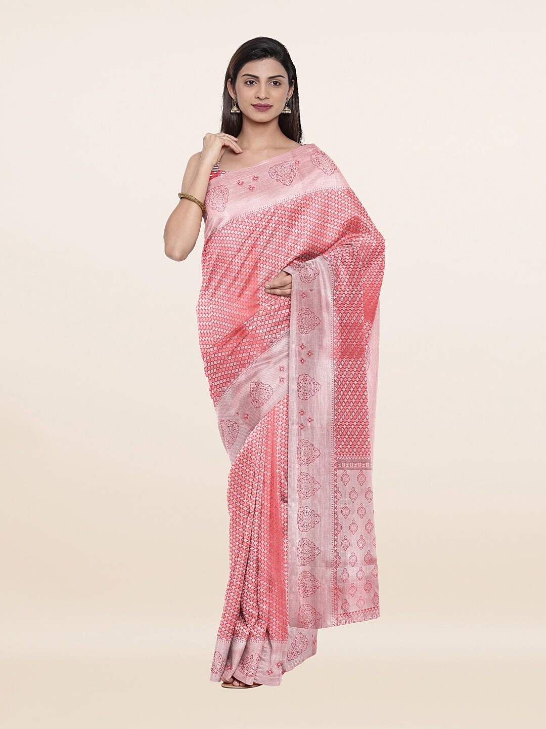 

Pothys Pink & Silver Ethnic Motifs Zari Art Silk Saree