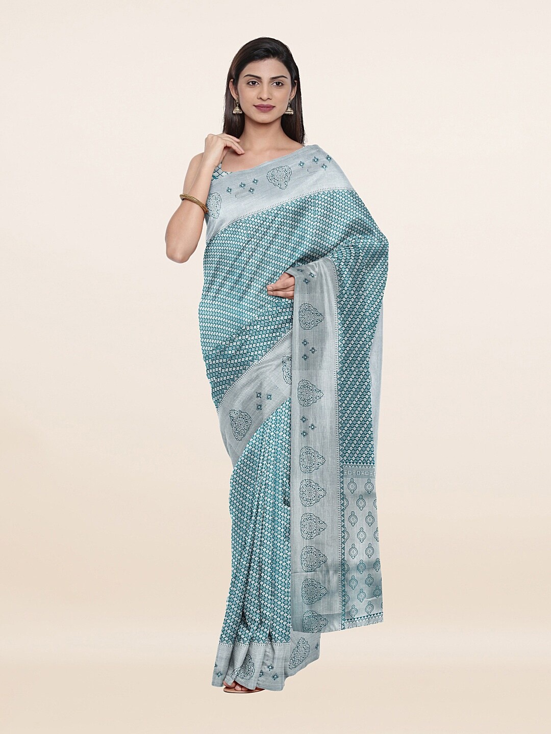 

Pothys Green & Silver-Toned Woven Design Zari Art Dupion Saree