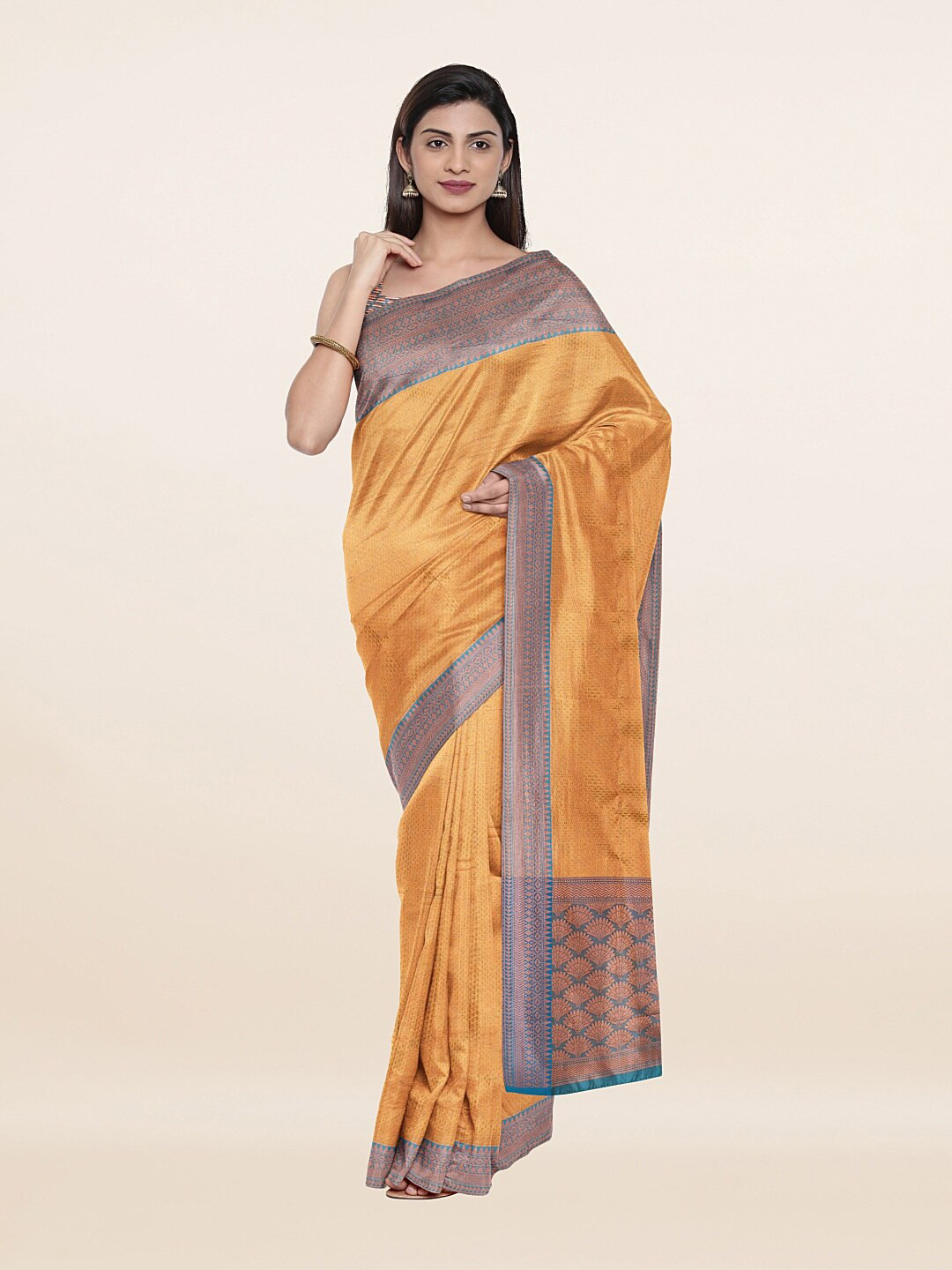 

Pothys Yellow & Blue Floral Zari Art Silk Saree