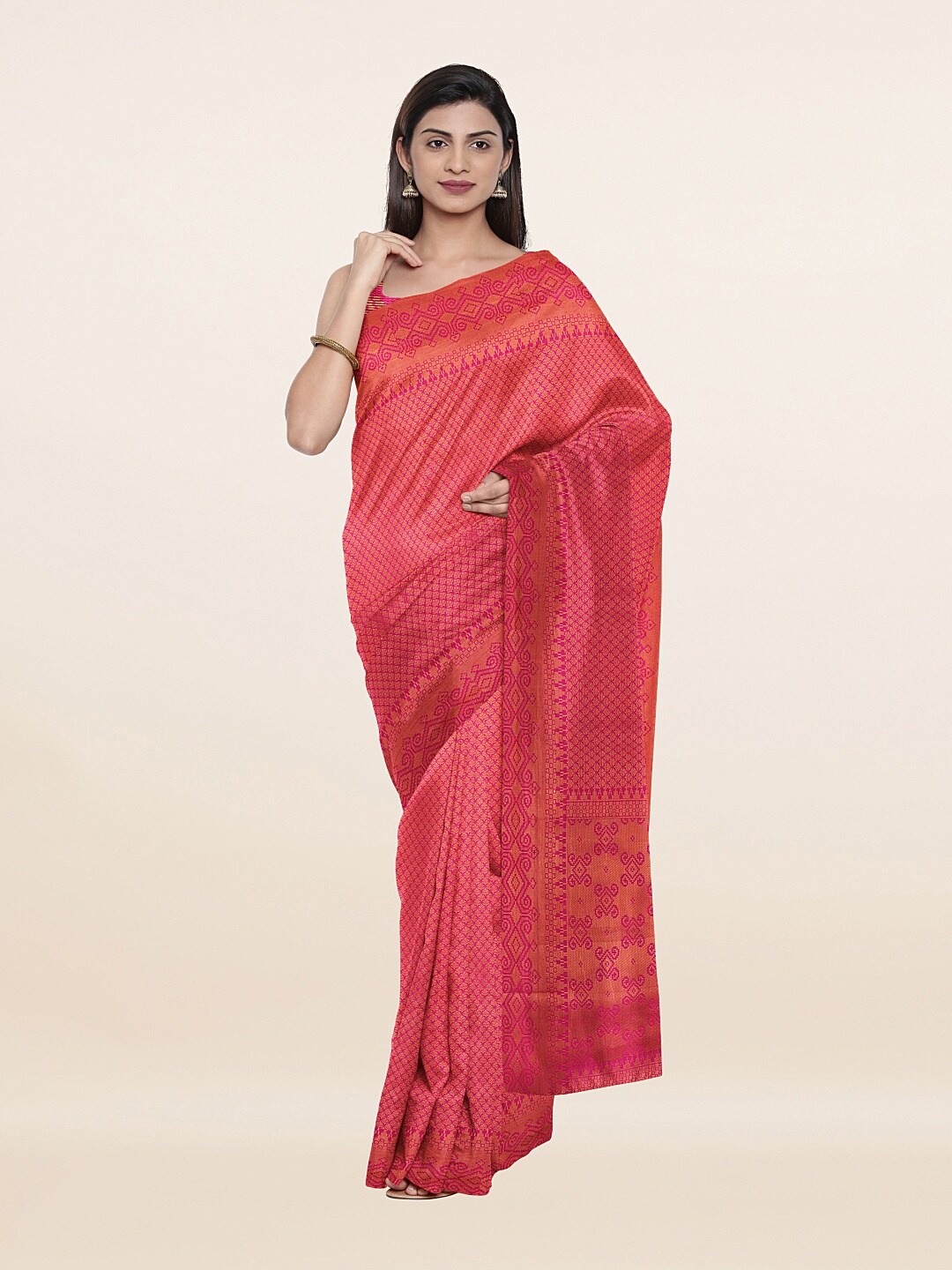 

Pothys Pink & Gold-Toned Ethnic Motifs Art Silk Saree