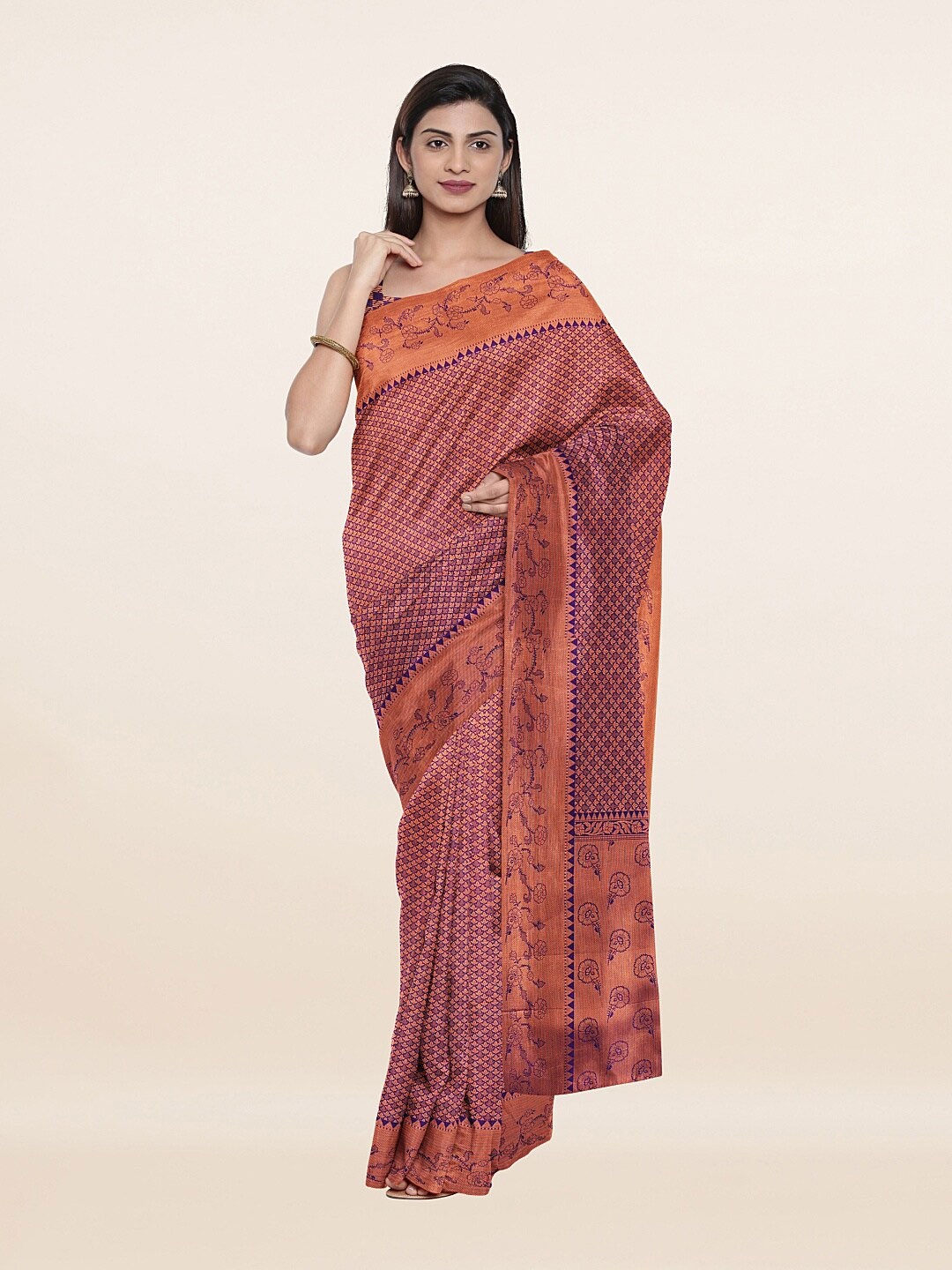 

Pothys Violet & Copper-Toned Floral Zari Art Silk Saree