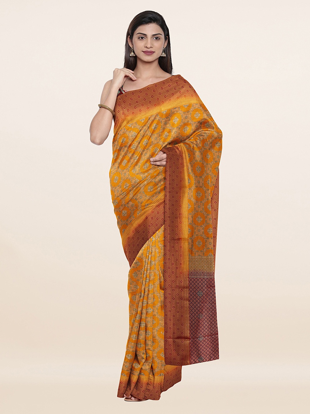 

Pothys Mustard Yellow & Maroon Ethnic Motifs Art Silk Saree