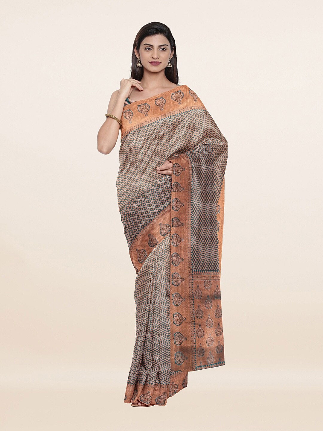 

Pothys Green & Copper-Toned Floral Zari Art Silk Saree
