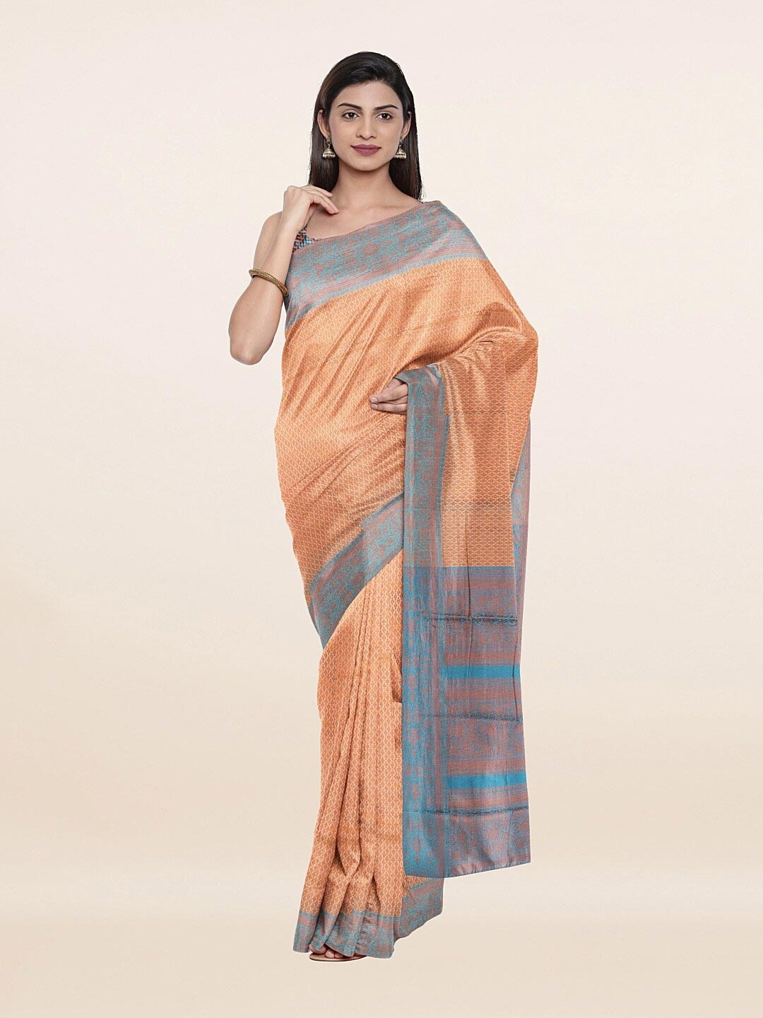 

Pothys Peach-Coloured & Blue Ethnic Motifs Zari Art Silk Saree