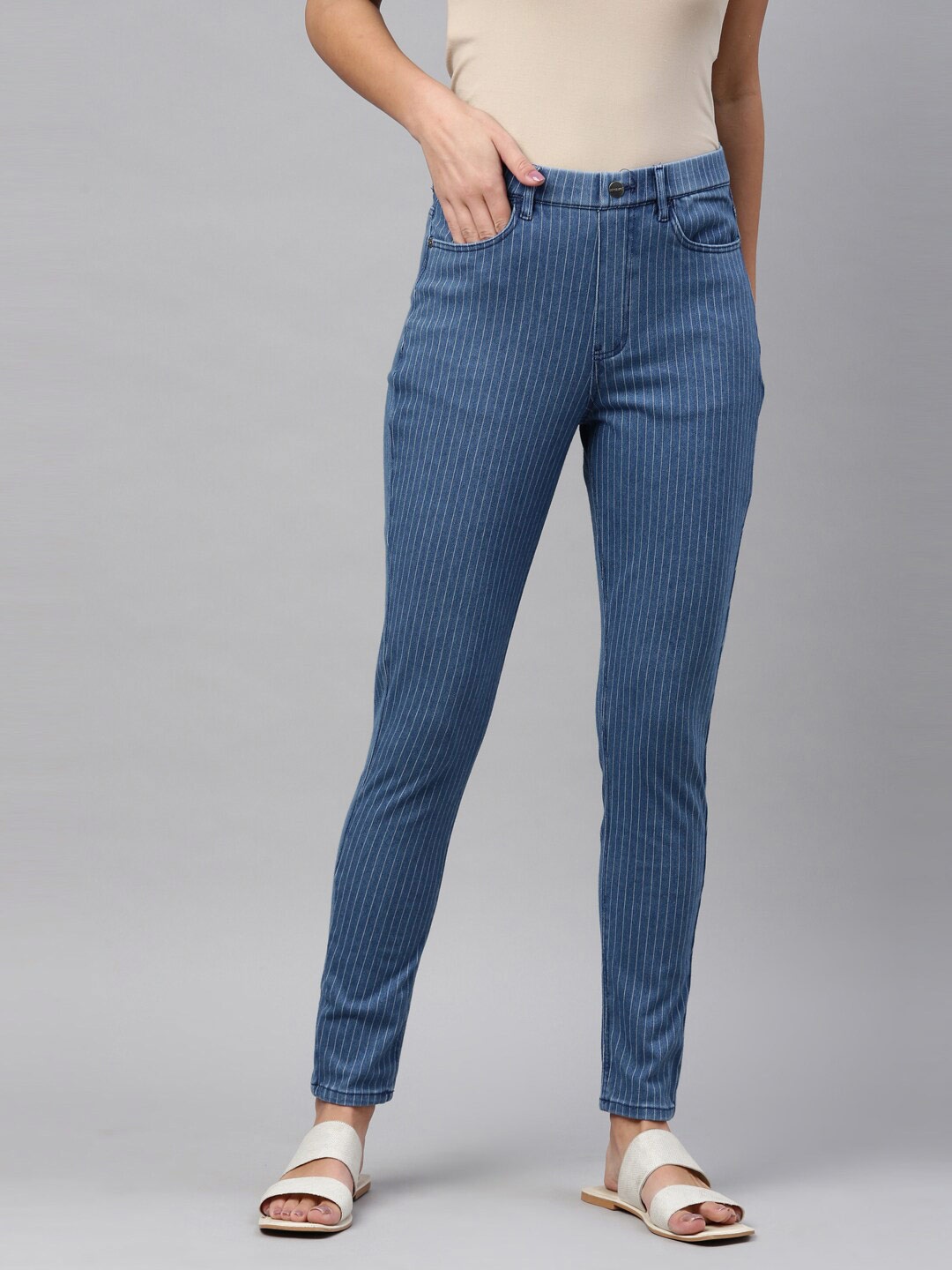 

Go Colors Women Blue Striped Slim Fit Jeggings
