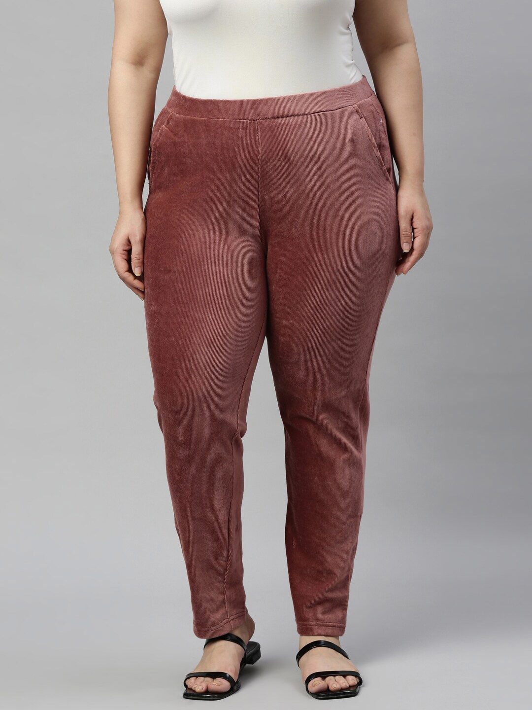 

Go Colors Women Dark Rust Solid Corduroy Treggings