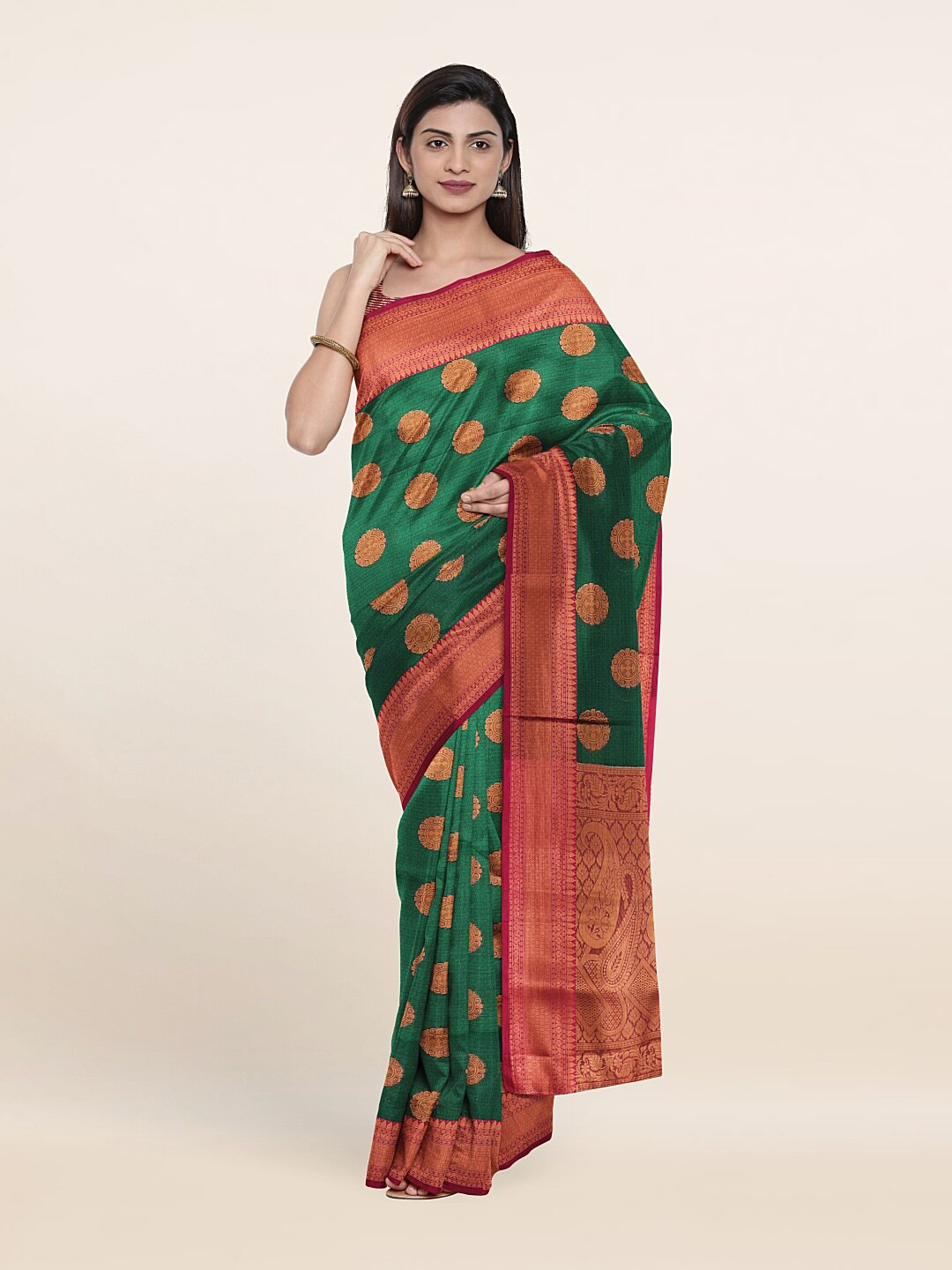 

Pothys Green & Red Woven Design Tanchoi Cotton Saree