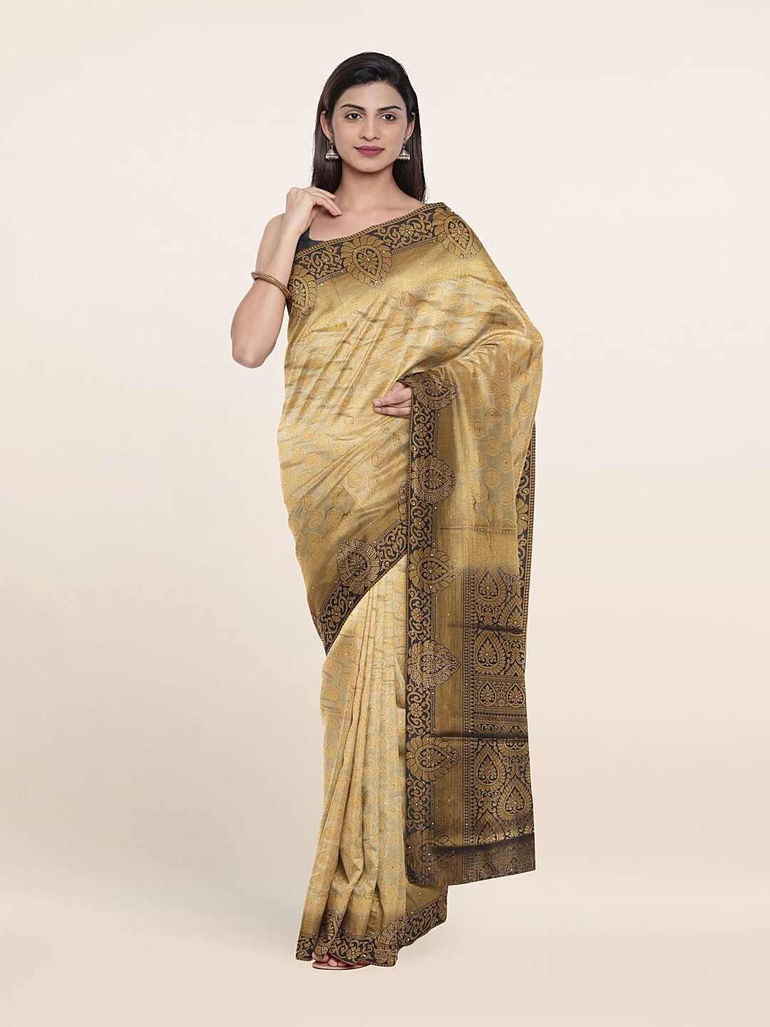 

Pothys Cream-Coloured & Gold-Toned Ethnic Motifs Art Silk Saree