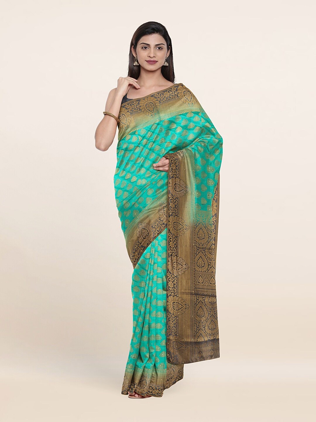 

Pothys Green & Gold-Toned Ethnic Motifs Art Silk Saree