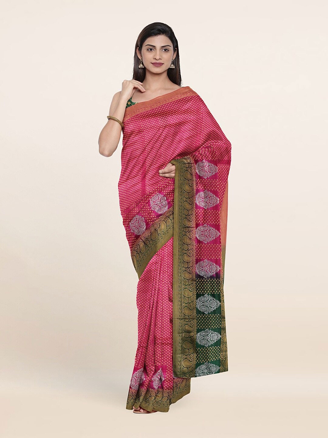 

Pothys Magenta & Green Floral Woven Design Art Silk Saree