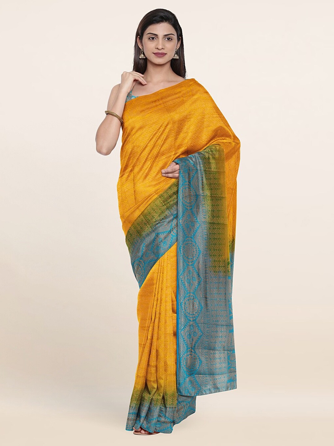 

Pothys Mustard & Blue Floral Zari Art Silk Saree