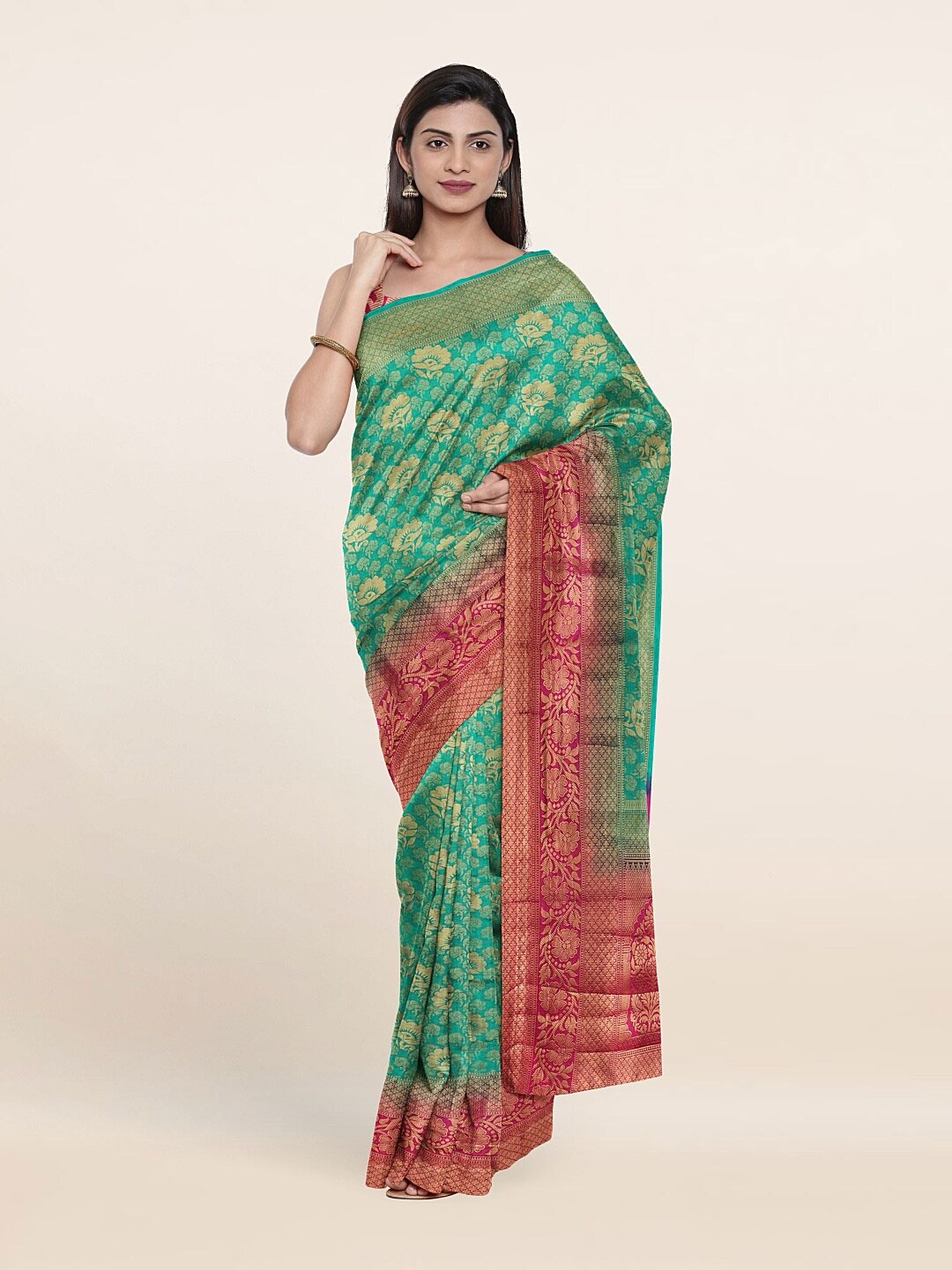 

Pothys Green & Maroon Ethnic Motifs Art Silk Saree