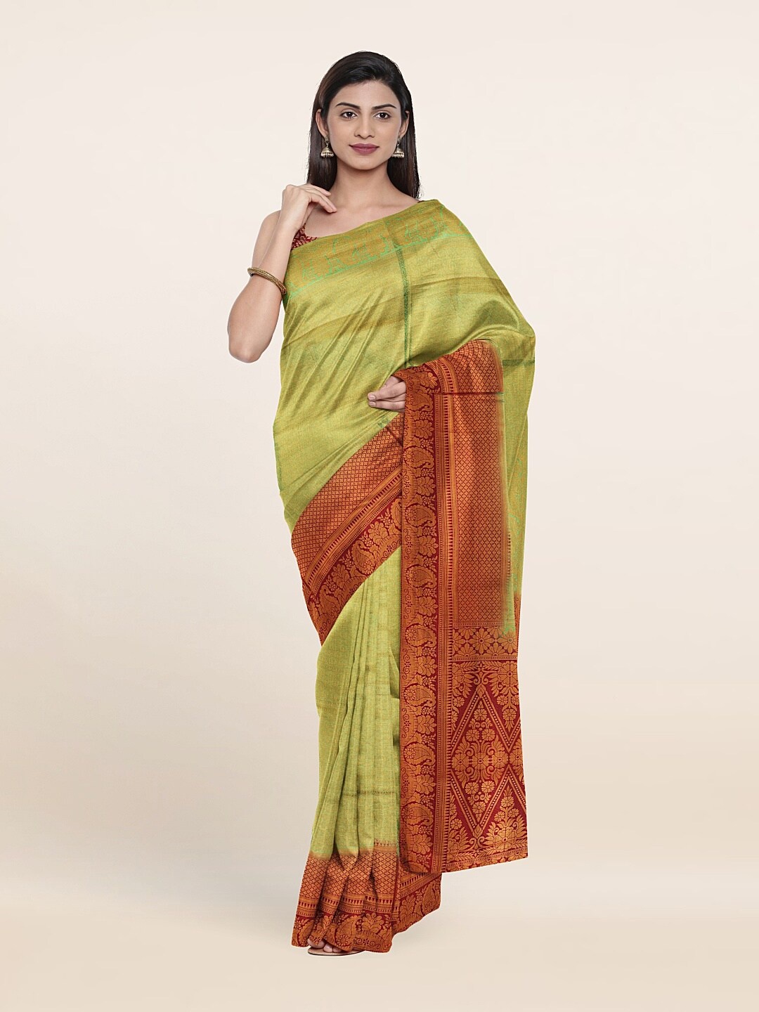 

Pothys Green & Red Floral Zari Art Silk Saree