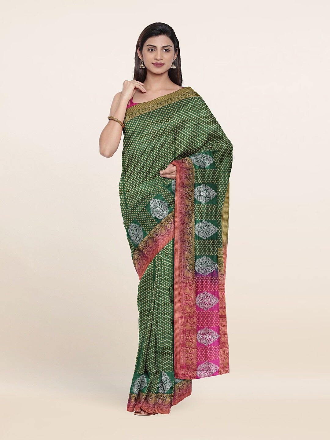 

Pothys Green & Gold-Toned Ethnic Motifs Art Silk Saree