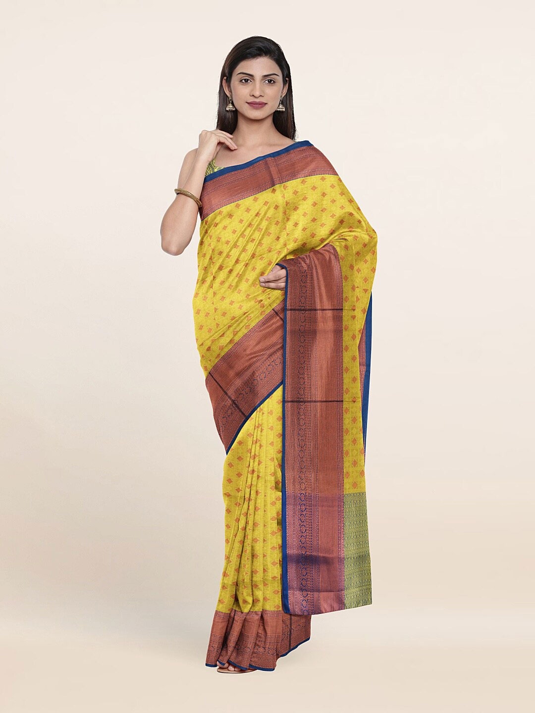 

Pothys Yellow & Copper-Toned Ethnic Motifs Zari Saree