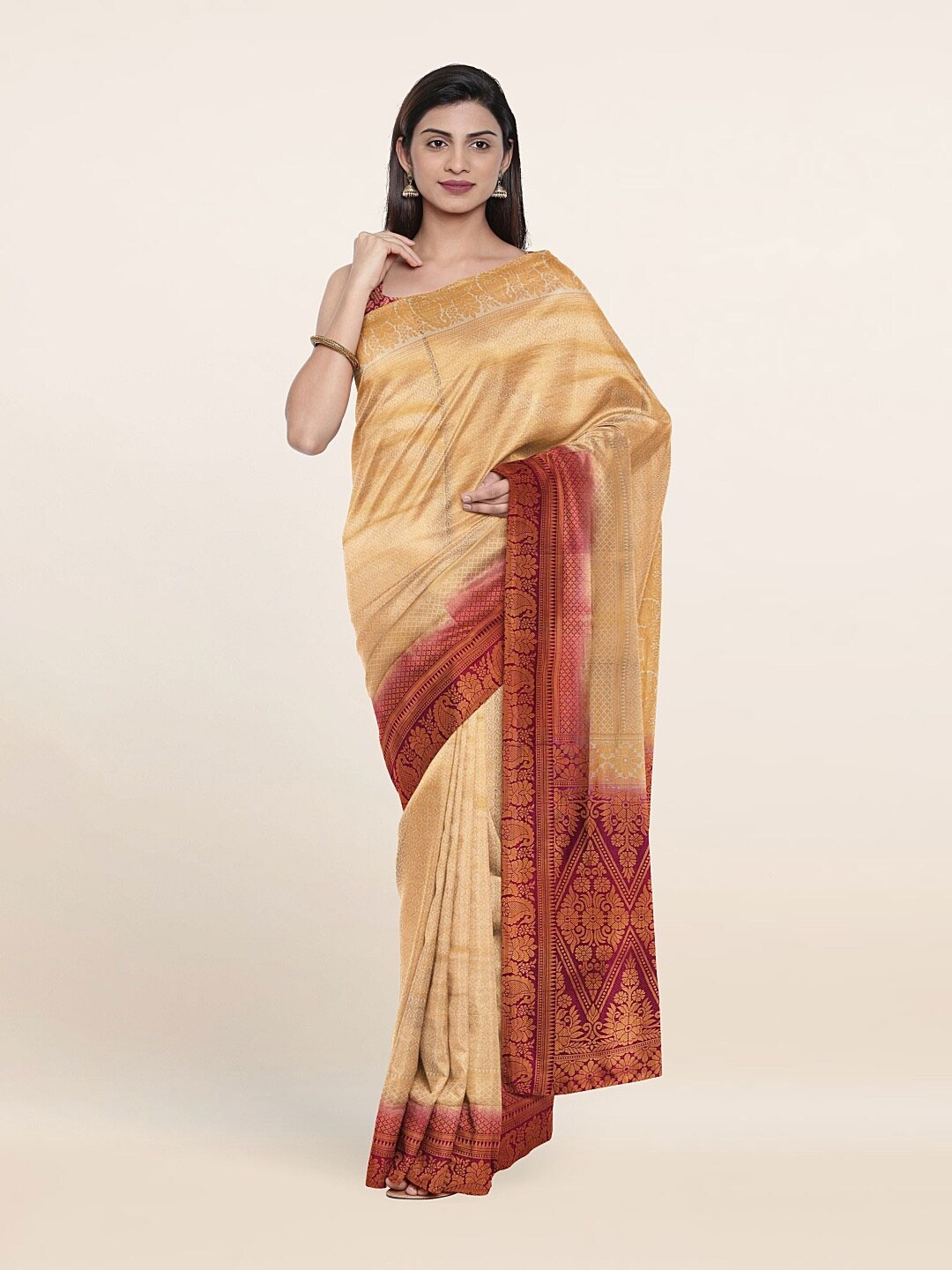 

Pothys Cream-Coloured & Red Floral Zari Art Silk Saree