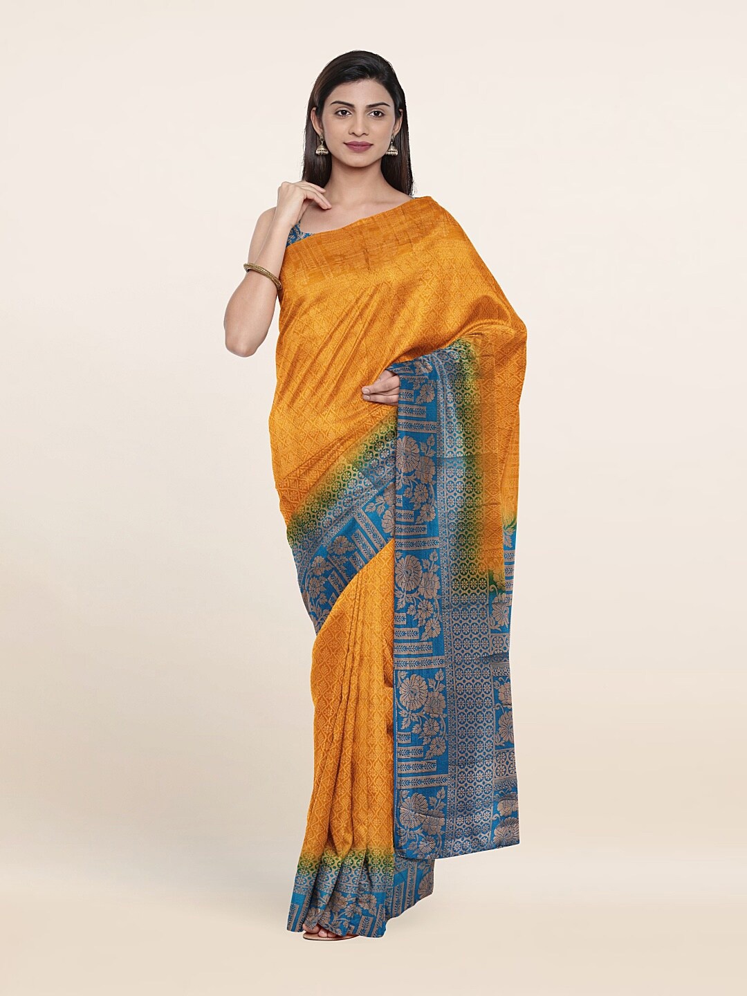 

Pothys Mustard & Blue Woven Design Art Banaras Silk Saree