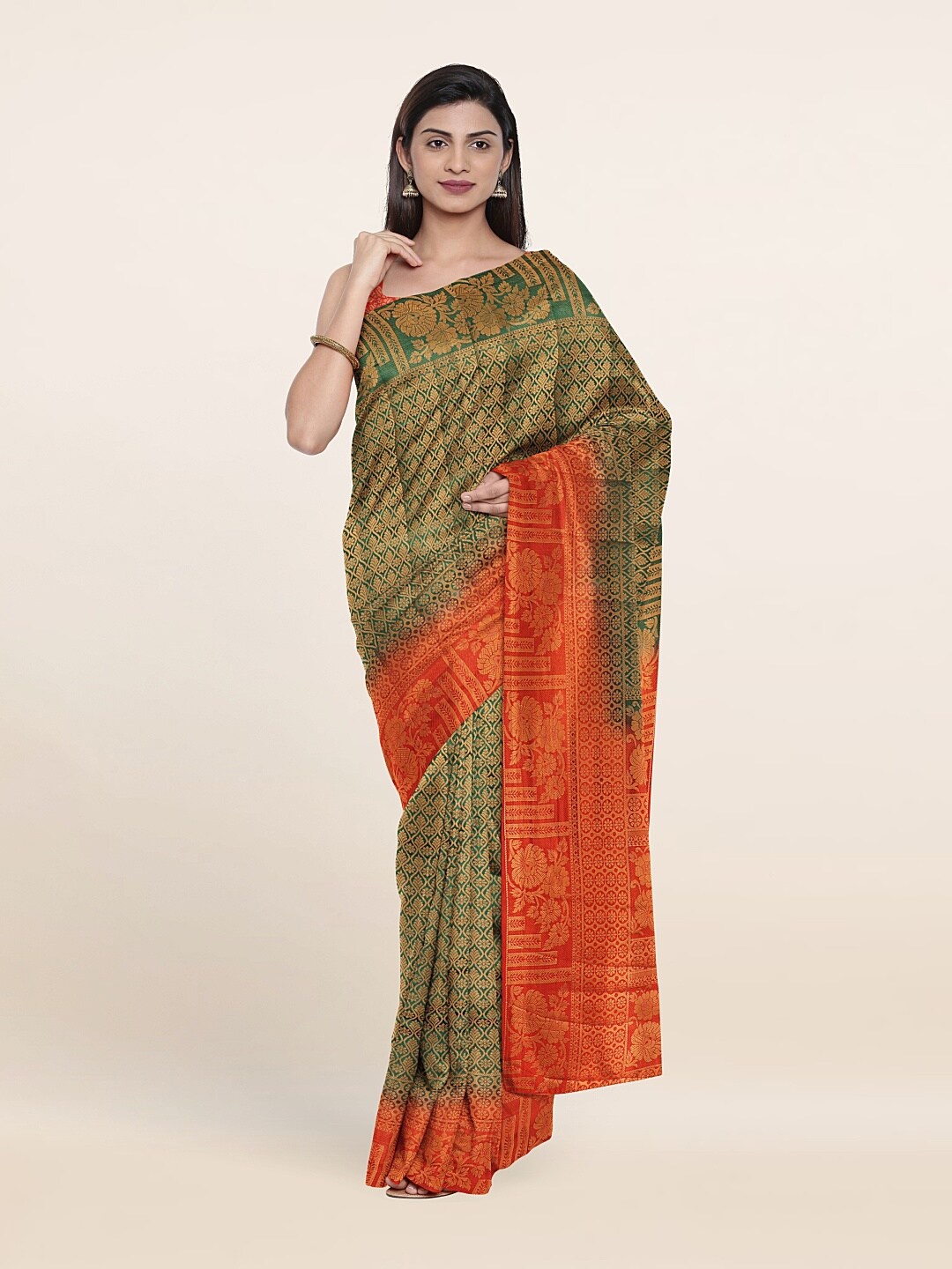 

Pothys Green & Orange Ethnic Motifs Art Silk Banarasi Saree