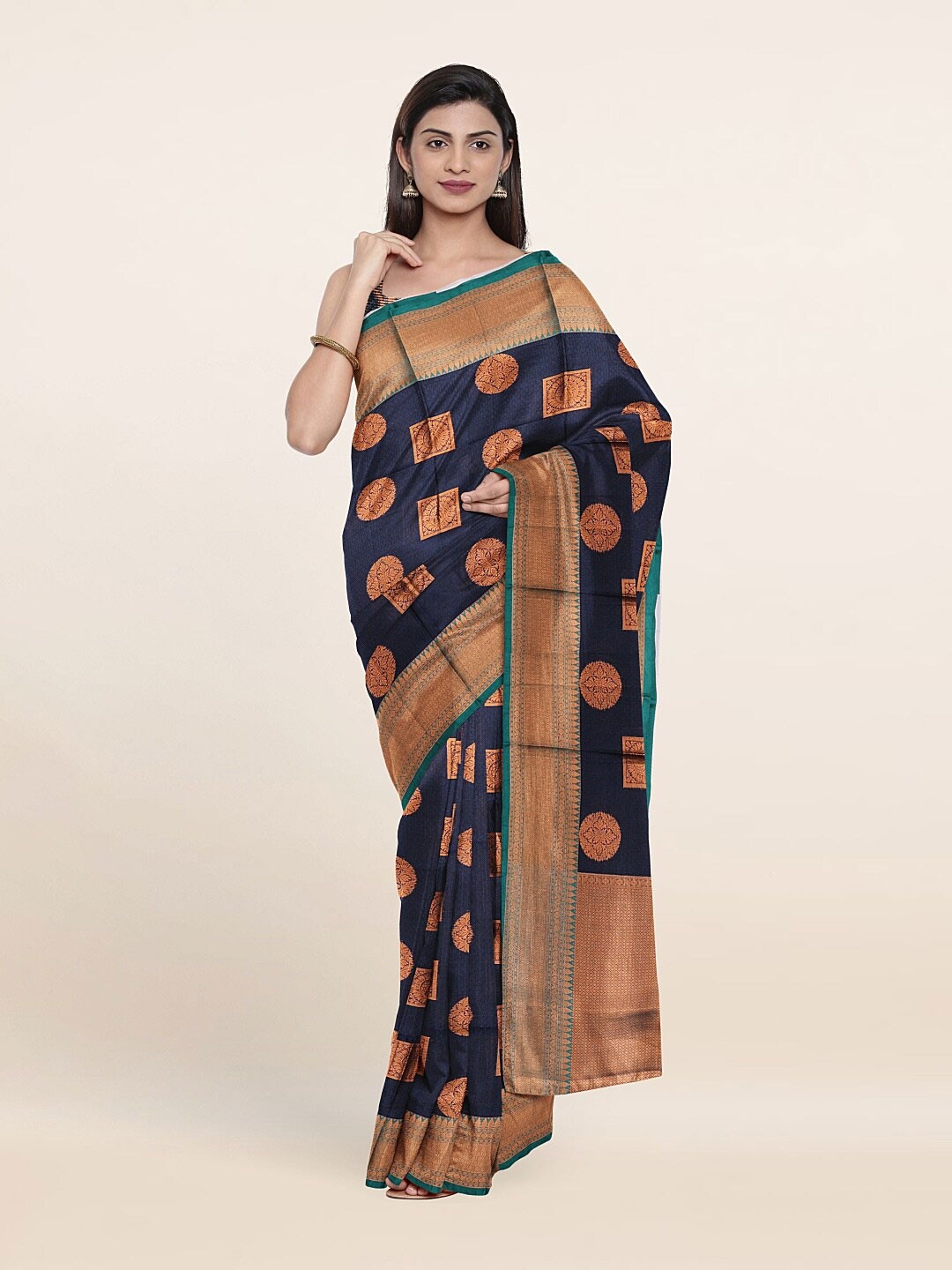 

Pothys Navy Blue & Gold-Toned Ethnic Motifs Saree