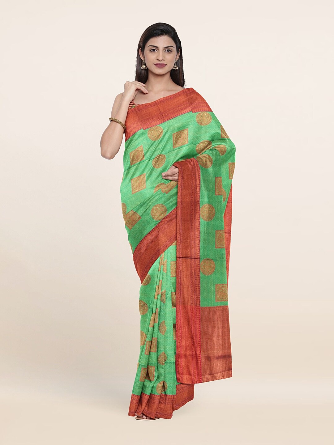 

Pothys Green & Red Ethnic Motifs Saree