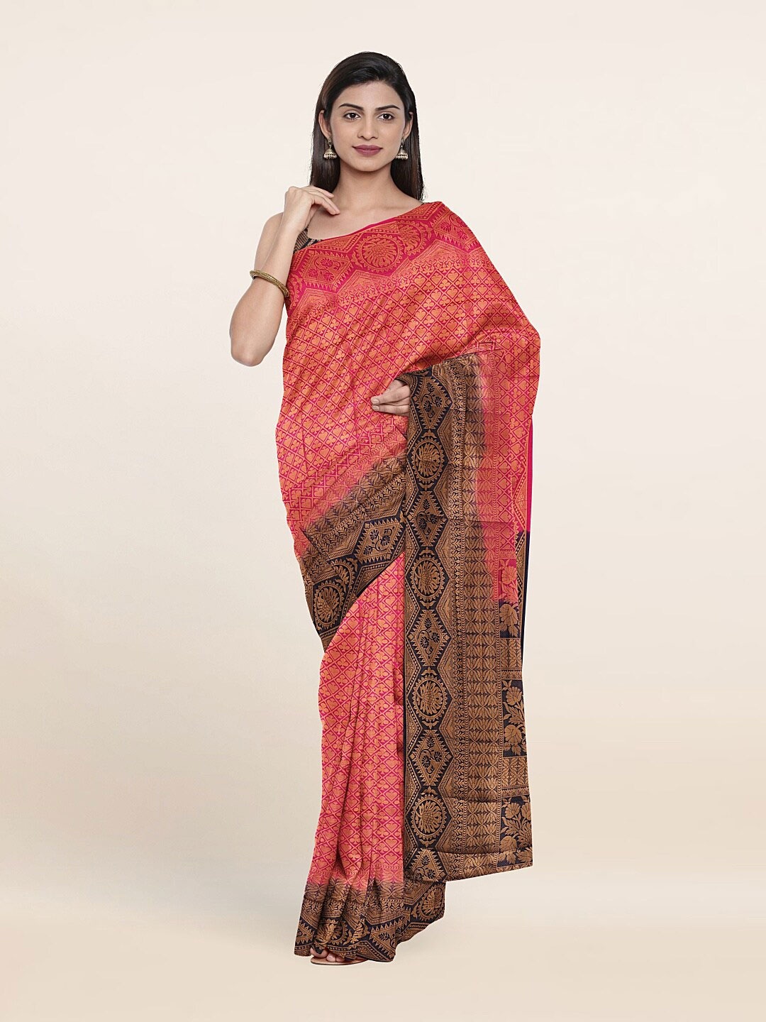 

Pothys Pink & Gold-toned Floral Art Silk Saree