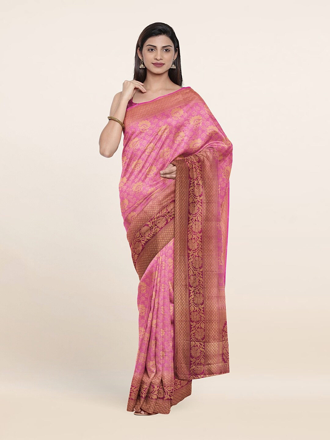 

Pothys Lavender & Maroon Floral Zari Art Silk Banarasi Saree