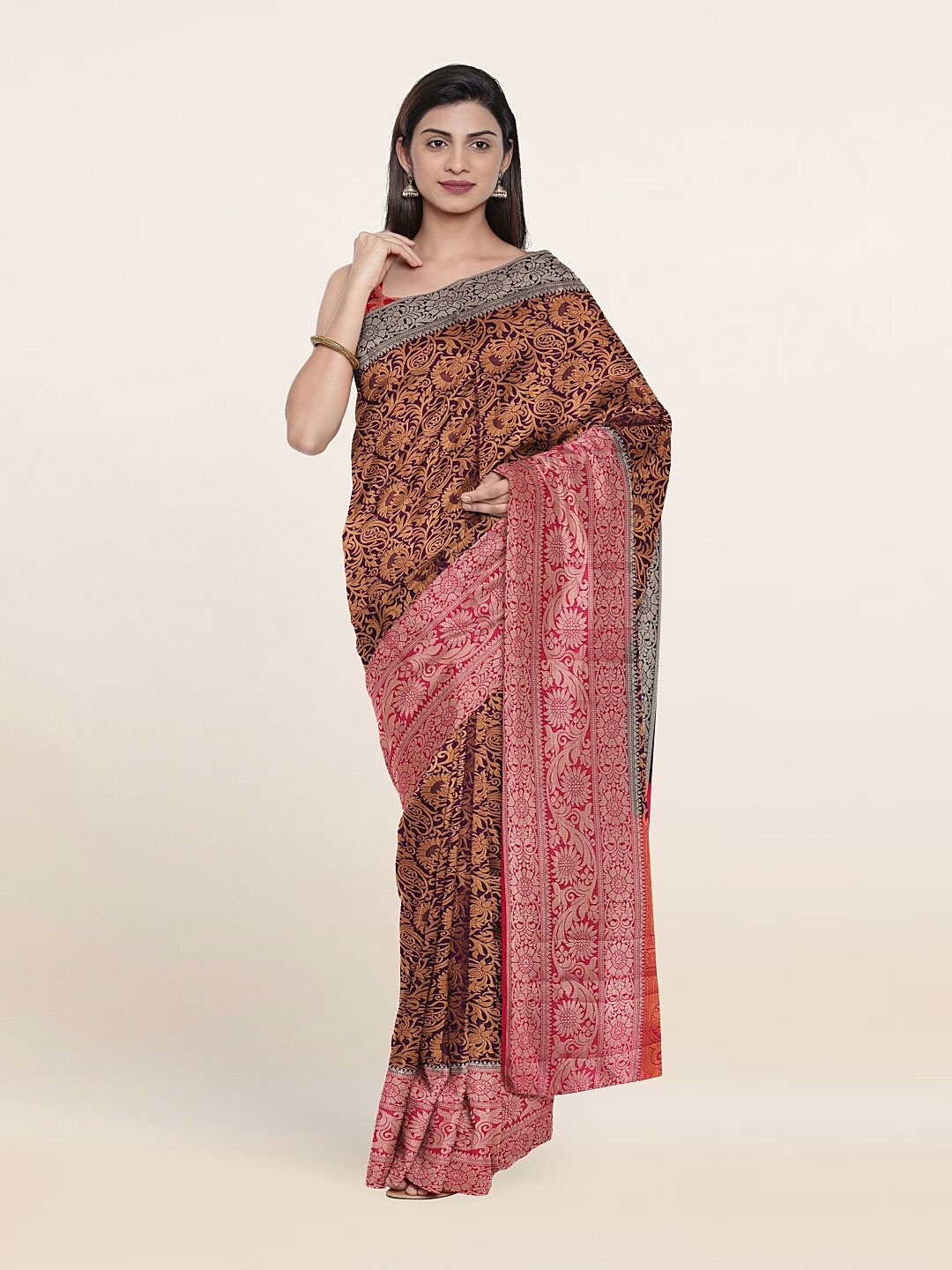 

Pothys Violet & Red Floral Zari Art Silk Banarasi Saree