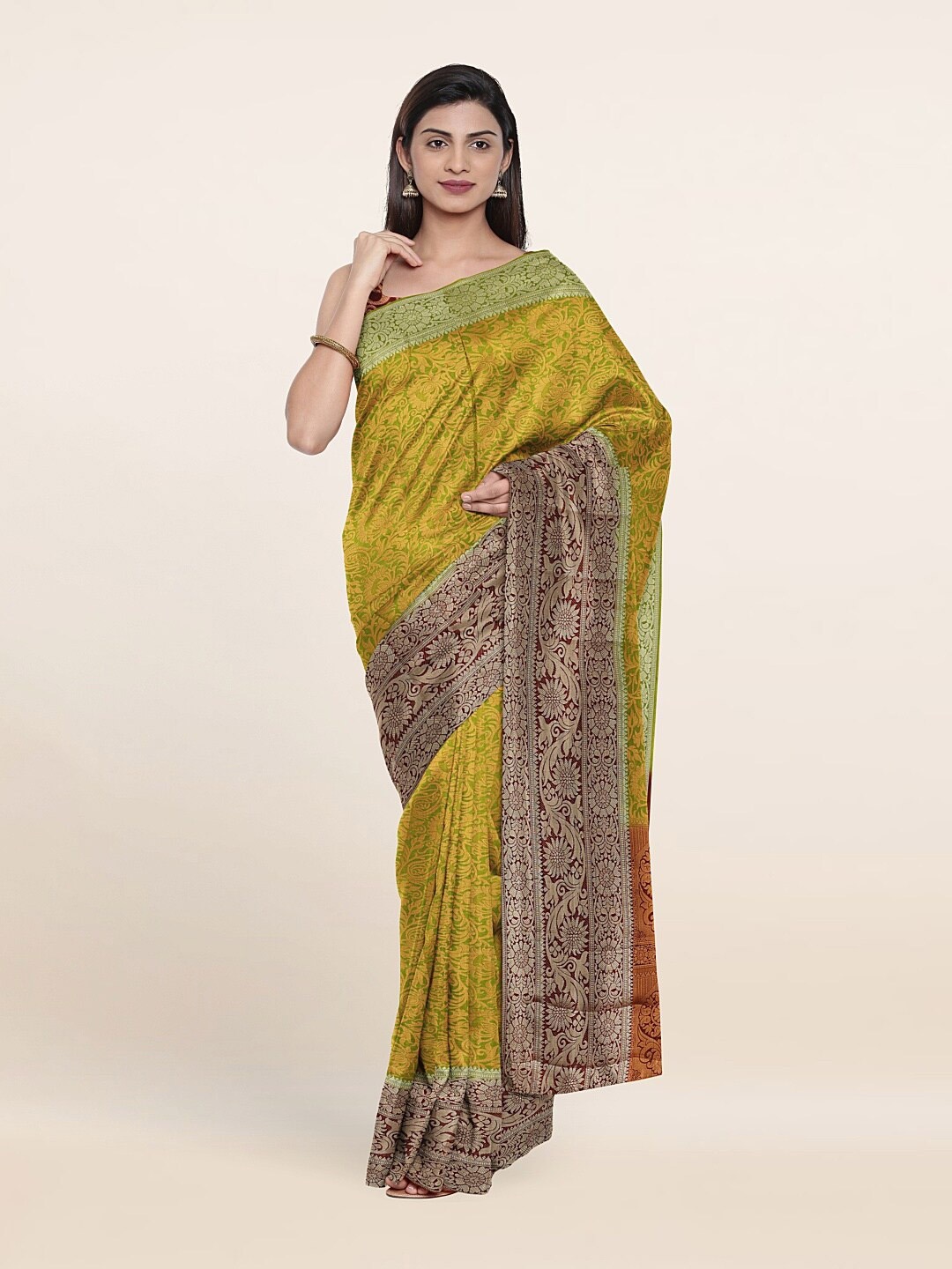 

Pothys Green & Golden Floral Art Silk Saree