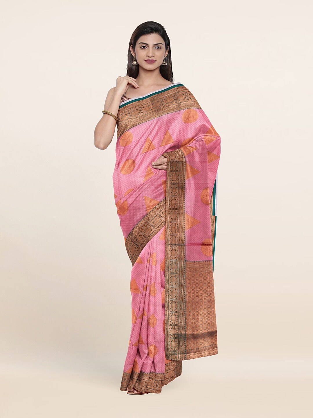 

Pothys Pink & Green Zari Banarasi Saree