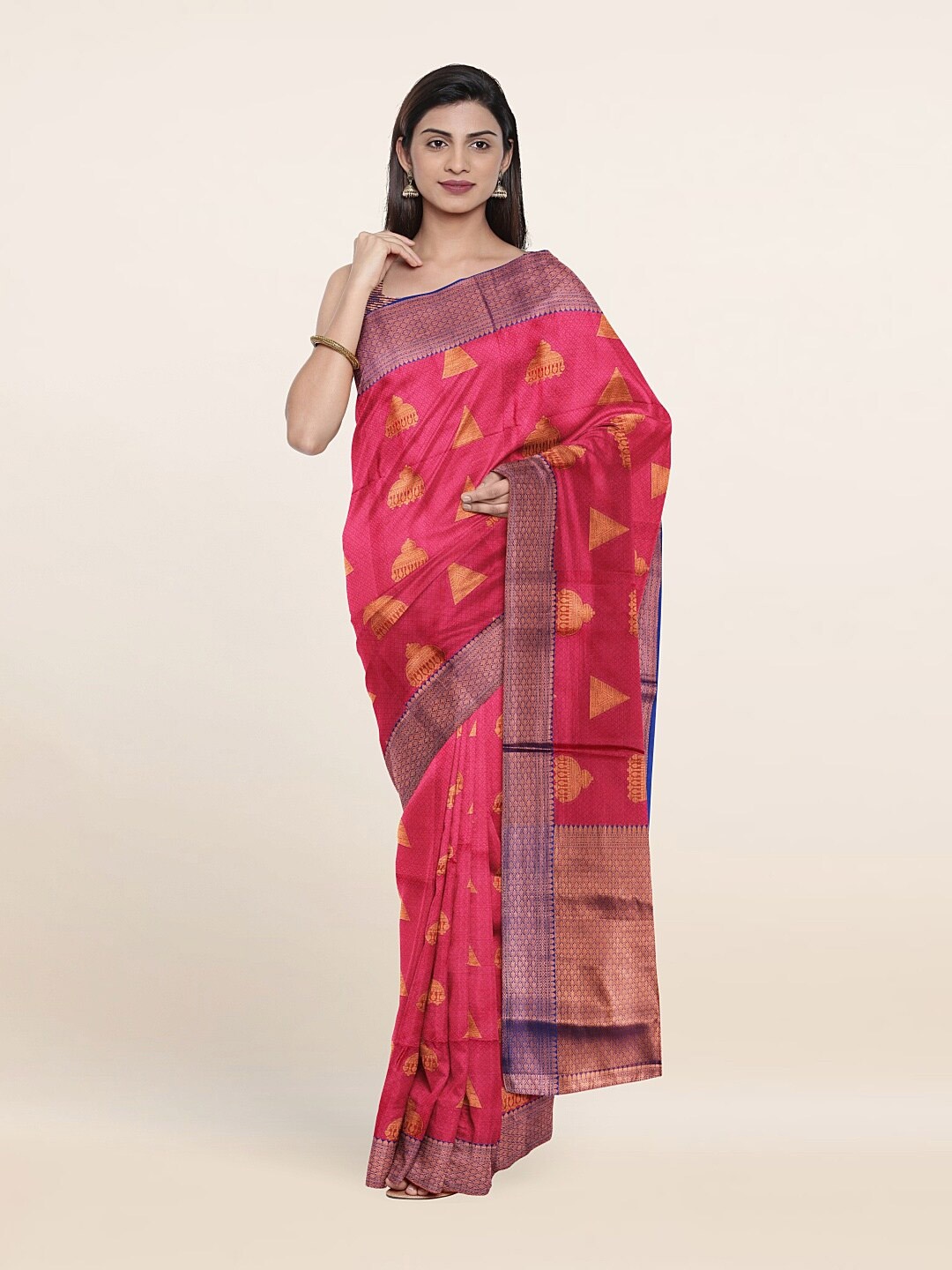 

Pothys Pink & Navy Blue Ethnic Motifs Zari Banarasi Saree