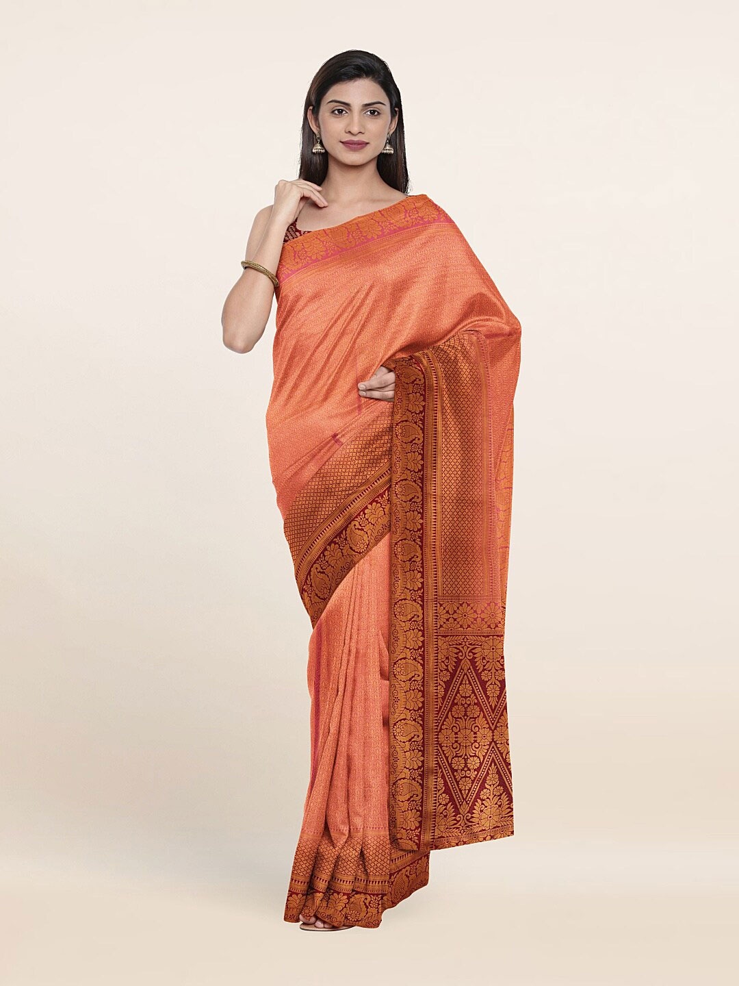 

Pothys Pink & Gold-Toned Ethnic Motifs Zari Art Silk Banarasi Saree