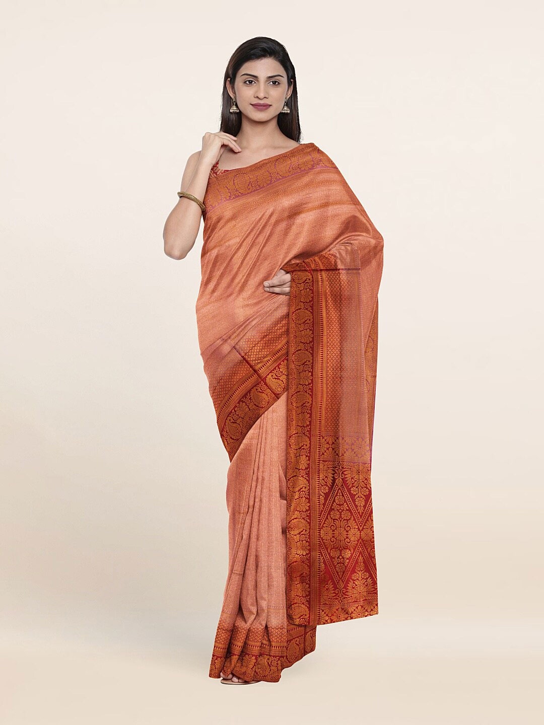 

Pothys Peach-Coloured & Maroon Ethnic Motifs Zari Art Silk Banarasi Saree