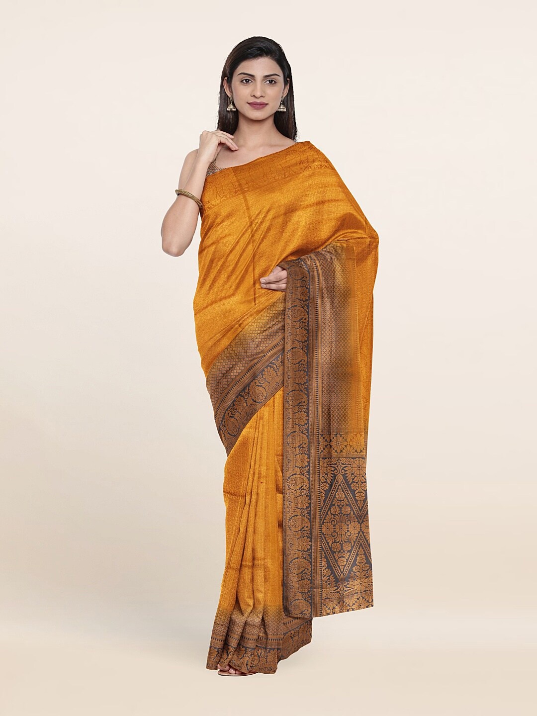 

Pothys Mustard Yellow & Grey Zari Floral Art Silk Saree