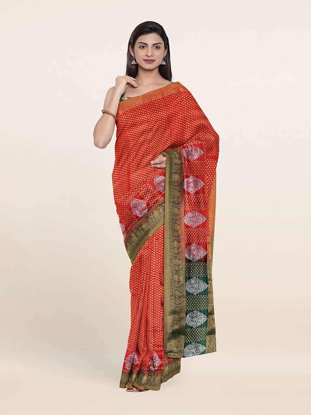

Pothys Red & Green Ethnic Motifs Zari Art Silk Banarasi Saree