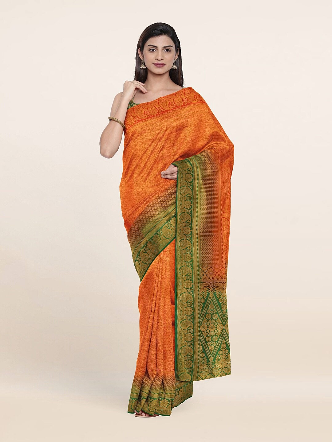 

Pothys Orange & Green Ethnic Motifs Zari Art Silk Banarasi Saree
