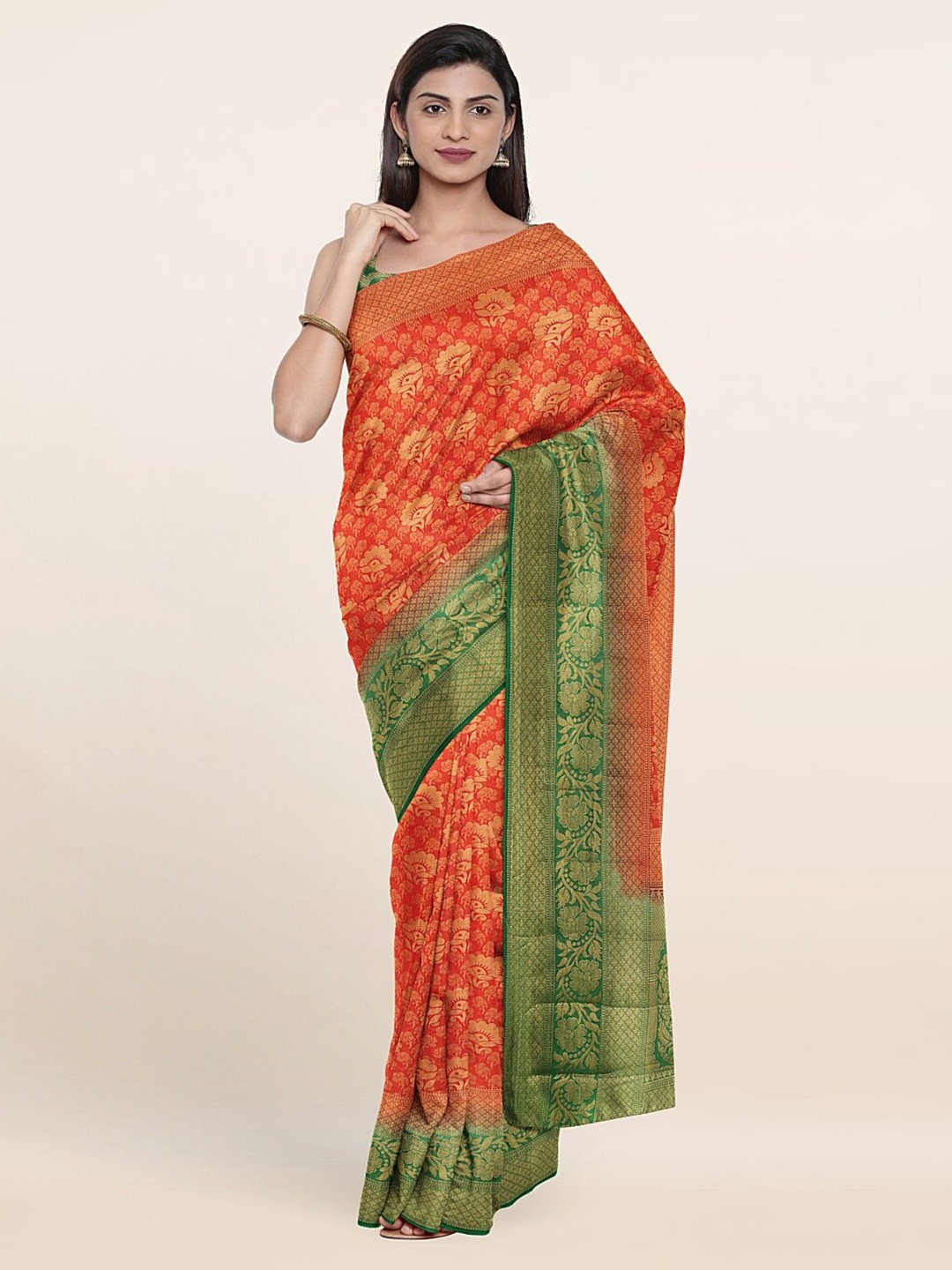 

Pothys Red & Green Ethnic Motifs Zari Art Silk Banarasi Saree