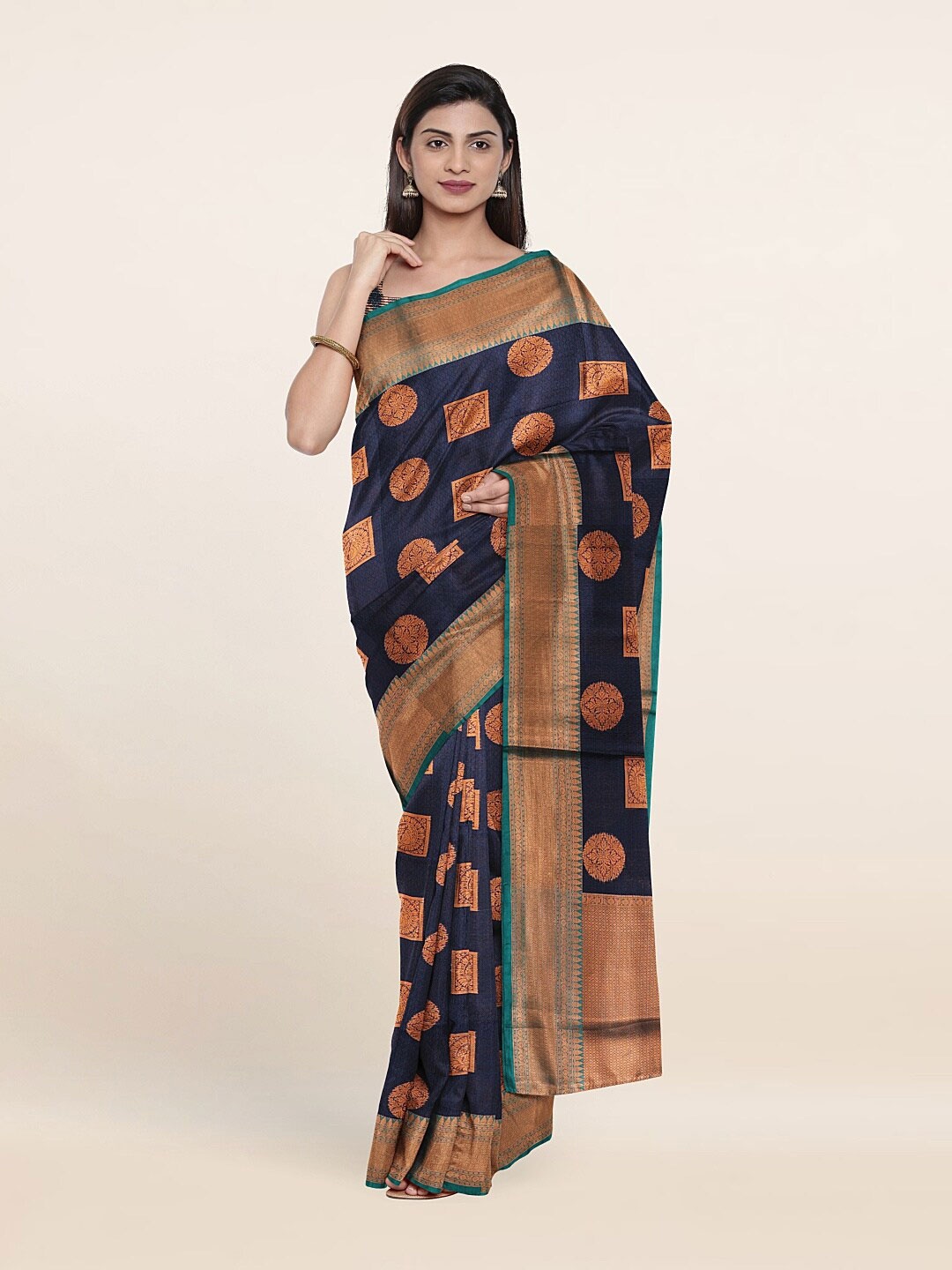 

Pothys Navy Blue & Green Ethnic Motifs Zari Banarasi Saree