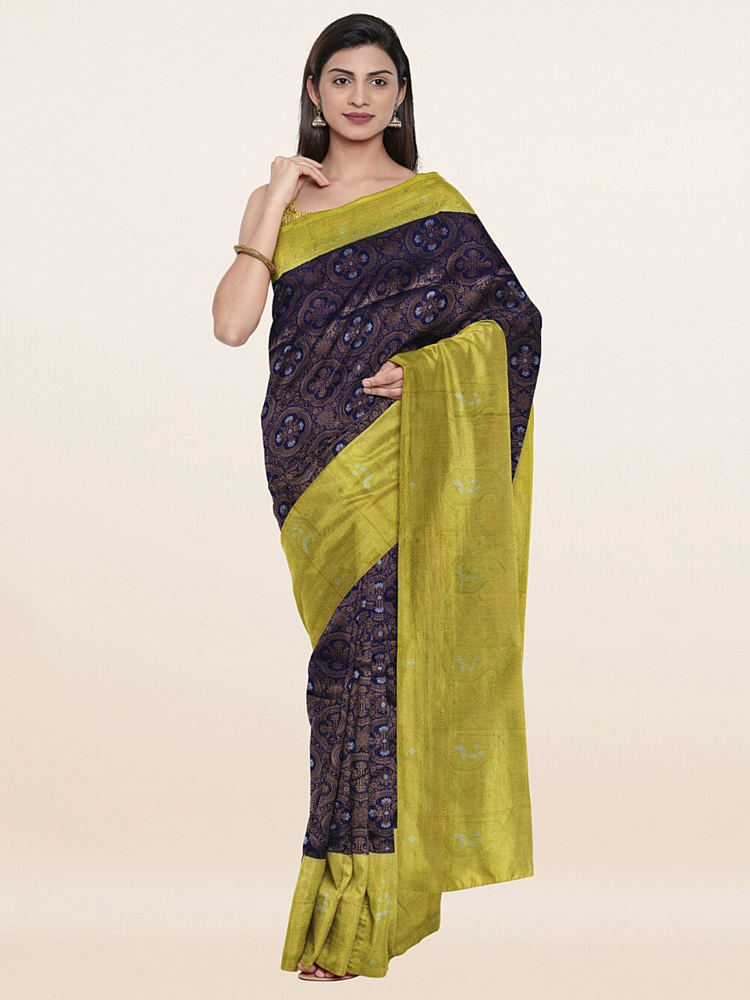 

Pothys Navy Blue & Green Floral Art Silk Saree
