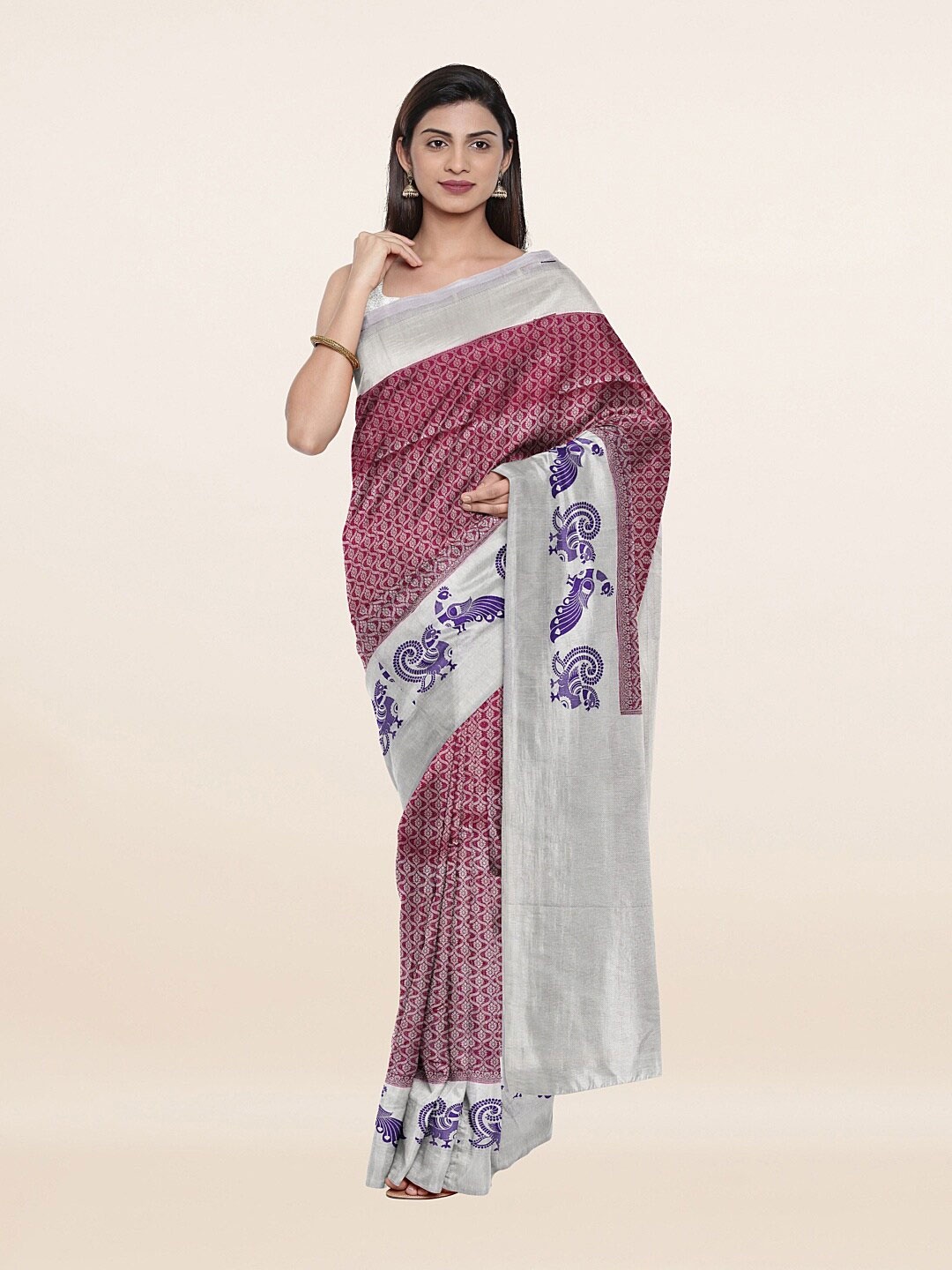 

Pothys Purple & Silver-Toned Ethnic Motifs Art Silk Saree