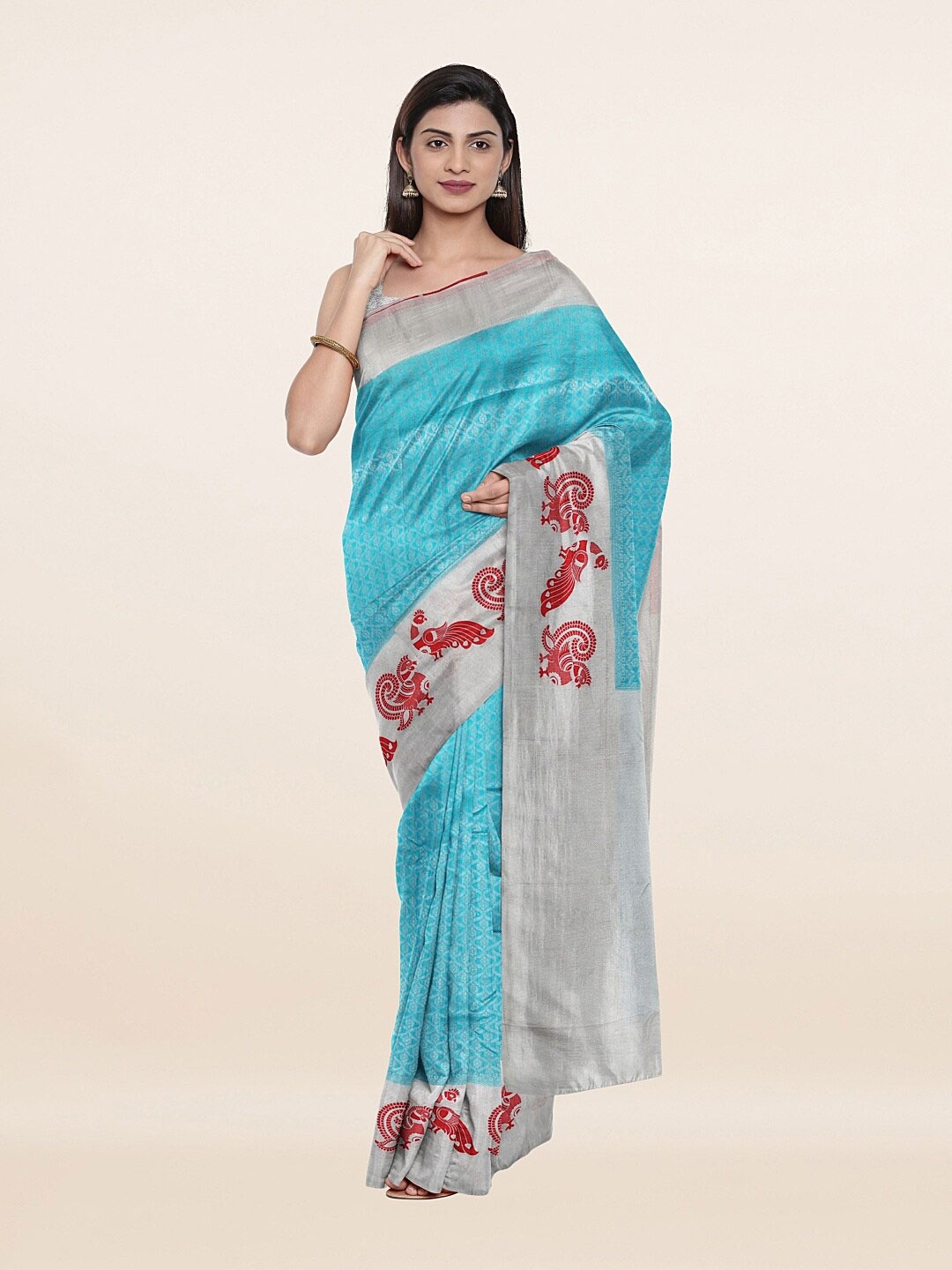 

Pothys Blue & Silver-Toned Ethnic Motifs Art Silk Saree