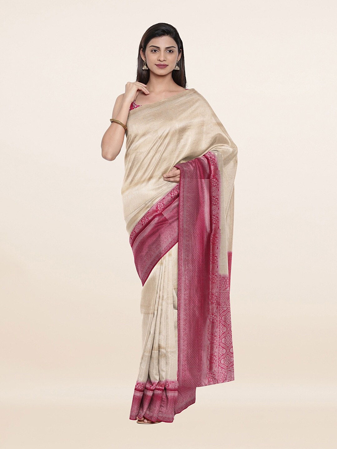 

Pothys Cream-Coloured & Pink Ethnic Motifs Art Silk Zari Saree