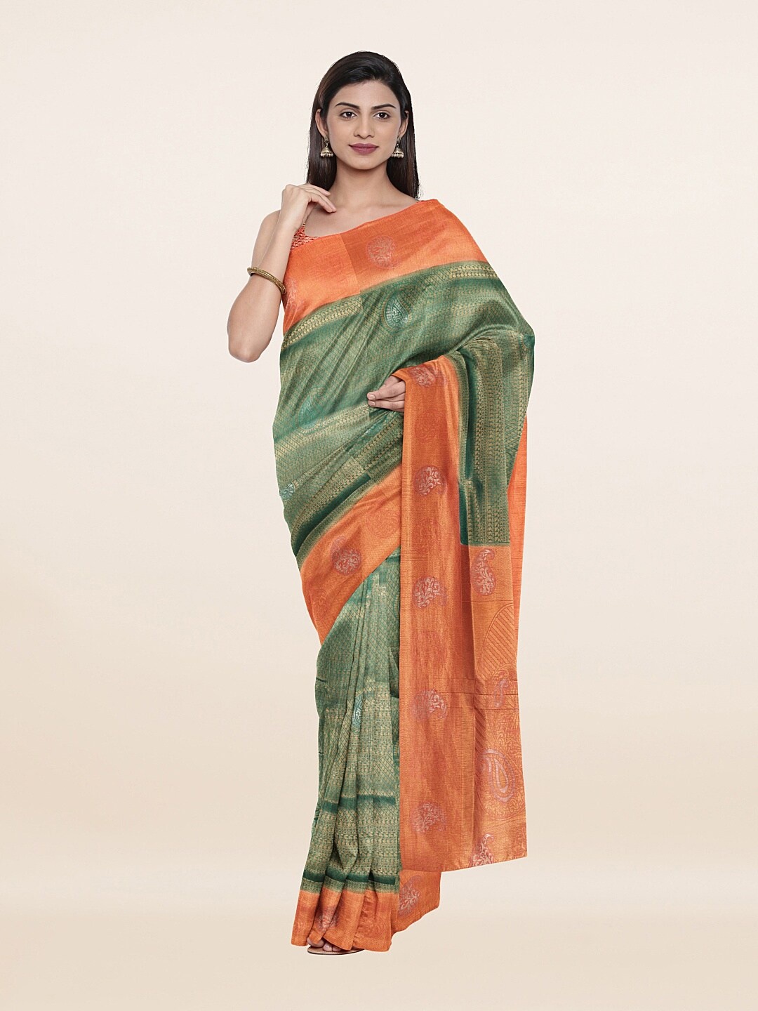 

Pothys Green & Peach-coloured Paisley Art Silk Saree